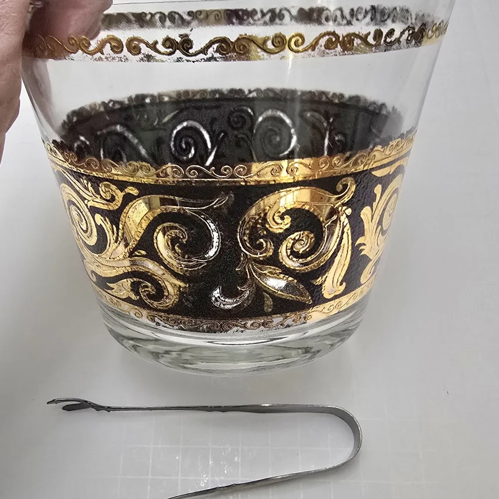 MCM Vintage Culver Ebony Gold Baroque Glass Ice Bucket W/Tongs 4 7/8